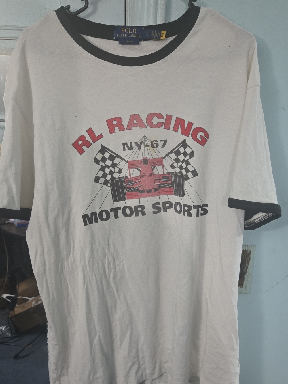 Polo by Ralph Lauren White Graphic RL Racing Motor Sports Tee with Black Trim